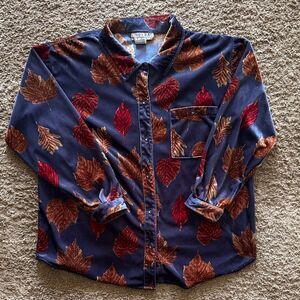 Vintage Velvet Leaf Print Button Down Shirt size 1X Fall Novelty Cottagecore